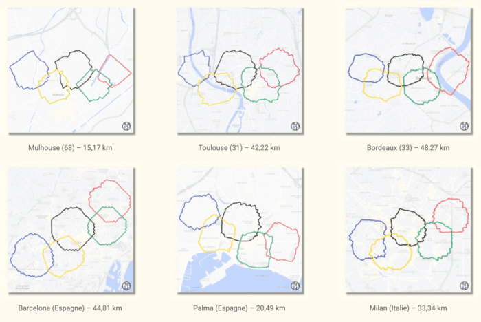 Olympic rings Strava art from 2024, drawn across a city